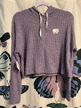 Purple Cropped Ribbed Hoodie with Elephant Patch